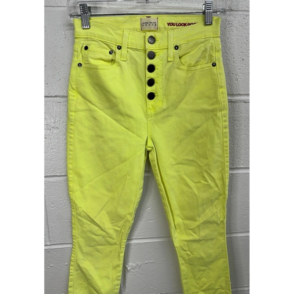 Alice + Olivia Neon Yellow Good‎ High Rise Exposed Button Skinny Jeans Size 25